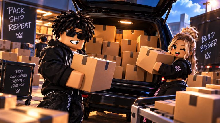 Player at a trading desk in Resell To Riches on Roblox