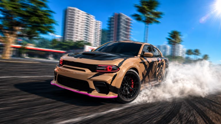 Drifting a widebody muscle car past palm trees in Assetto: Street Racing on Roblox