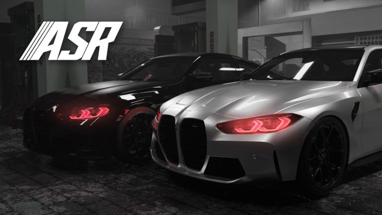 Two sports cars with glowing headlights at a night meet in ASR